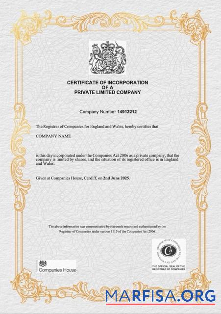 Downloadable UK certificate of incorporation of a private limited company Word and PDF template, version 3